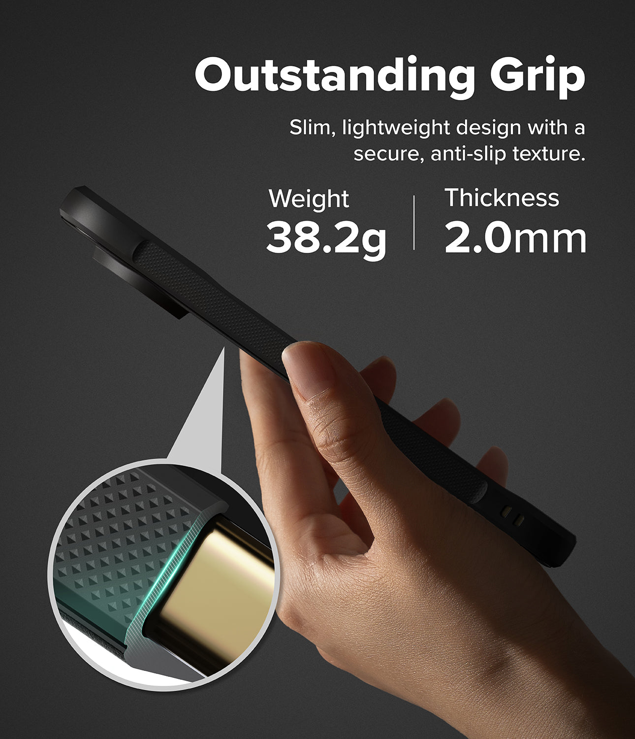 Google Pixel 11 Pro XL Case | Onyx - A hand holding a slim black smartphone case against a dark gray background, with text reading 'Outstanding Grip' and product specs: weight 37.6g and thickness 2.