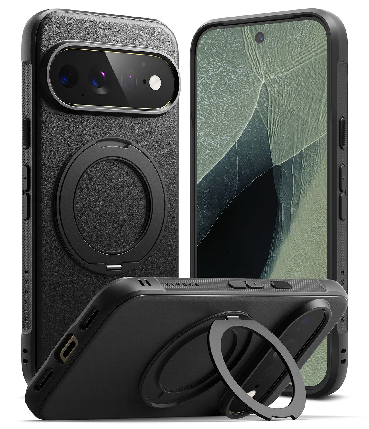 Google Pixel 11 Pro XL Case | Onyx Ring - Three views of a black rugged smartphone case with a built-in circular MagSafe ring and kickstand, shown on a plain white background.