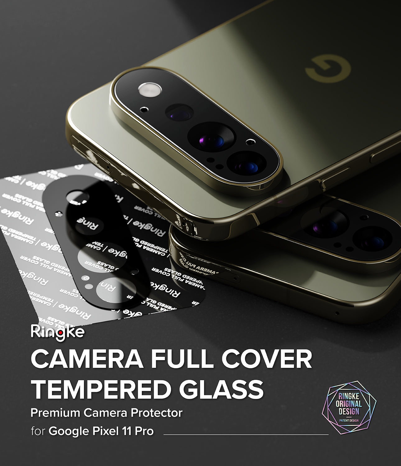 Google Pixel 11 Pro Camera Protector | Camera Full Cover Tempered Glass (2 Pack) - Ringke camera full cover tempered glass protector shown installed on a gold Google Pixel 11 Pro phone, with the black tempered glass protector pieces and printed packaging visible on a dark background.