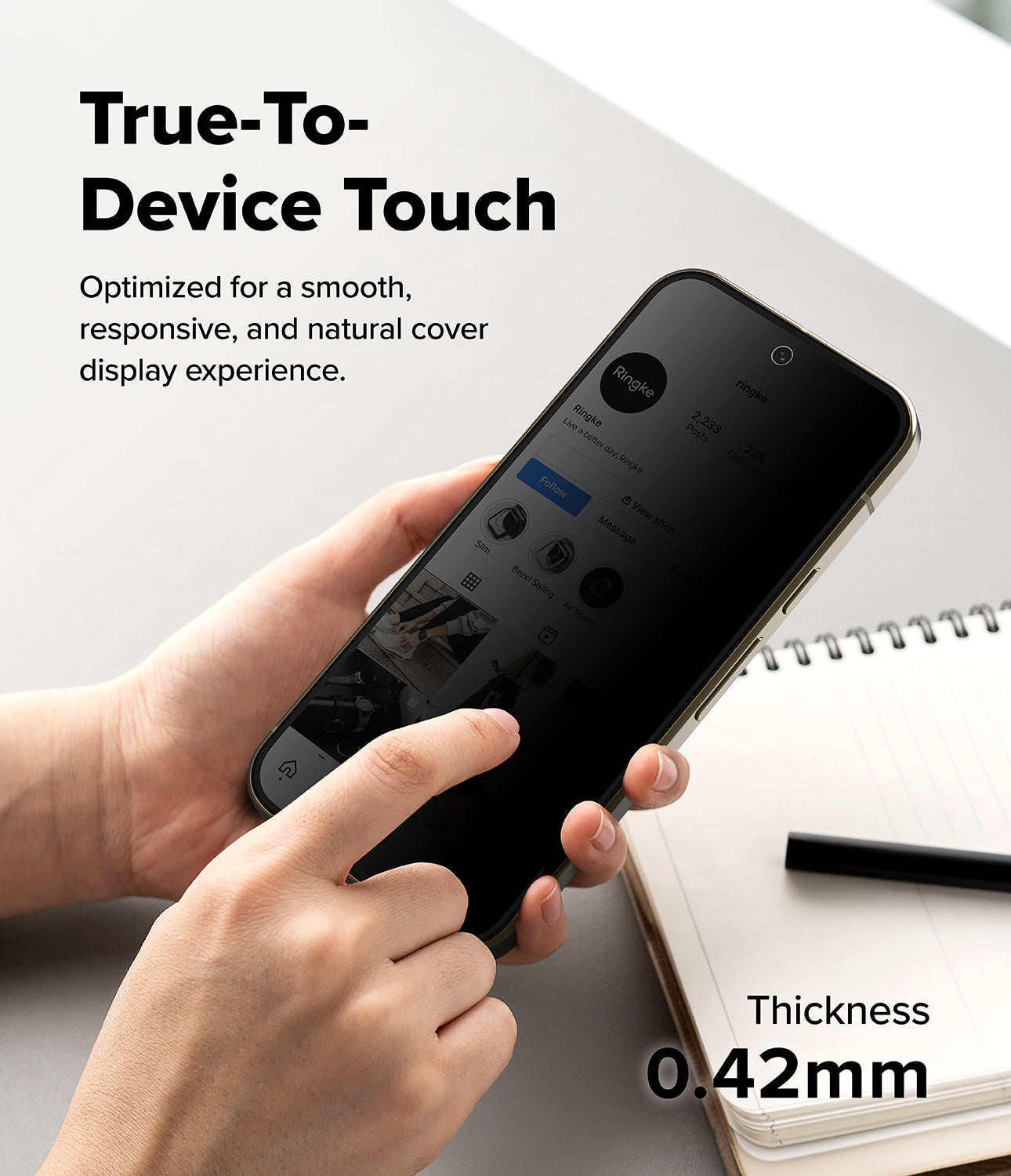 Google Pixel 11 Pro Screen Protector | Easy Slide Privacy Tempered Glass (2 Pack) - A person holds a smartphone with a black protective cover, demonstrating touch sensitivity. The image includes text overlays reading 'True-To-Device Touch' and 'Thickness 0.