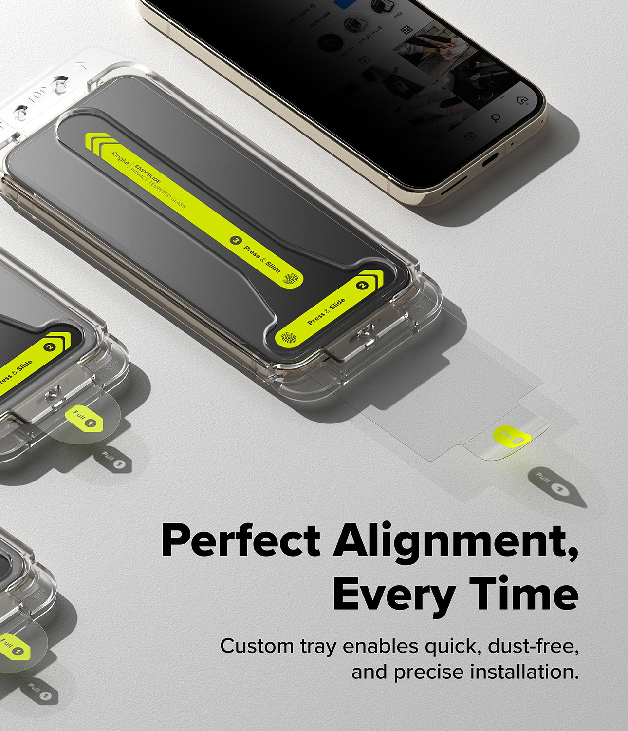 Google Pixel 11 Pro Screen Protector | Easy Slide Privacy Tempered Glass (2 Pack) - Clear protective phone case with bright yellow alignment guides and a matching screen protector, shown installed on a smartphone with additional case views and installation text on a light gray background.
