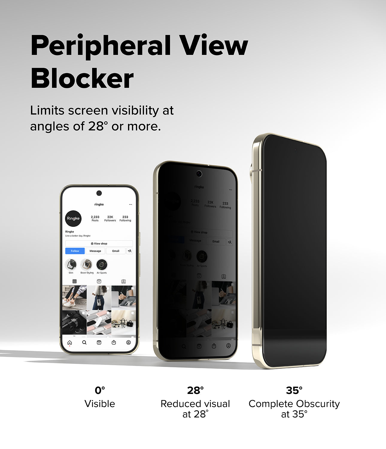 Google Pixel 11 Pro Screen Protector | Easy Slide Privacy Tempered Glass (2 Pack) - Peripheral View Blocker shown on three smartphone mockups from 0°, 28°, and 35° angles, with text explaining that it limits screen visibility at angles of 28° or more.