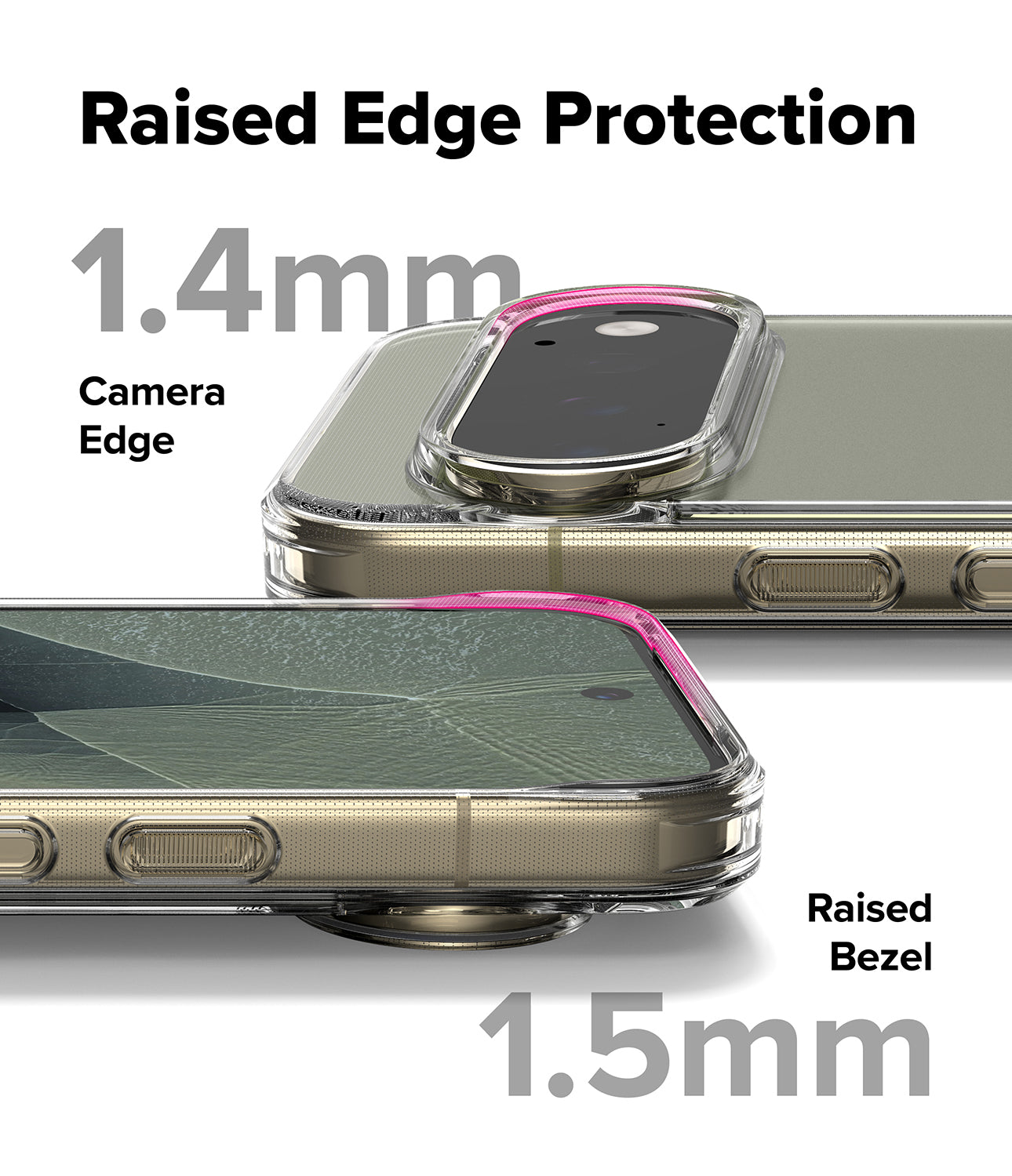Pixel 11 Pro Case | Fusion Matte - Transparent phone case with raised edge protection shown on a smartphone, with text labels indicating 1.4mm camera edge protection and 1.