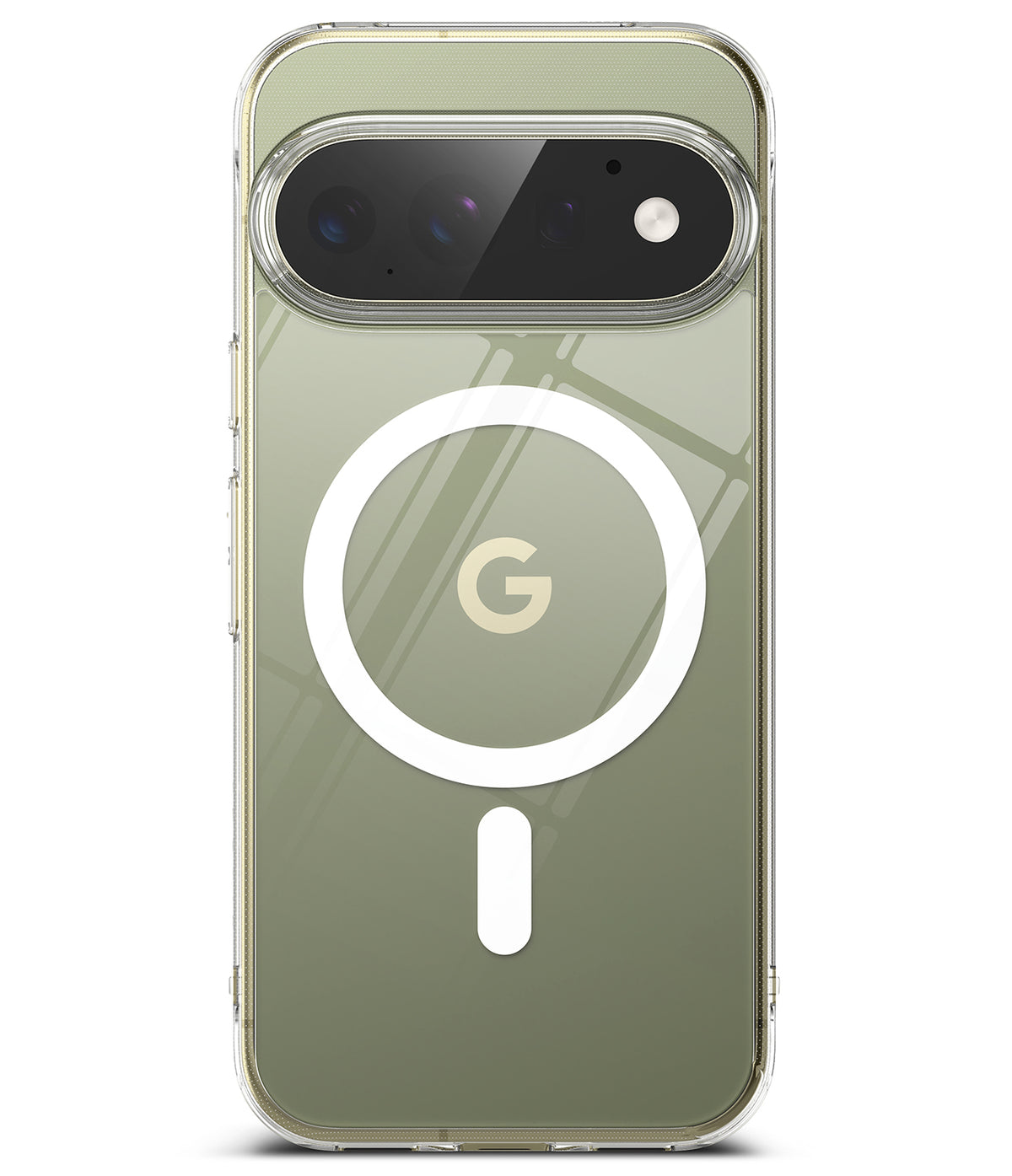 Google Pixel 11 Pro Case | Fusion Magnetic - A clear MagSafe-compatible phone case on a Google Pixel smartphone, showing a sage green phone back with a white circular MagSafe ring and a gold Google 'G' logo in the center.