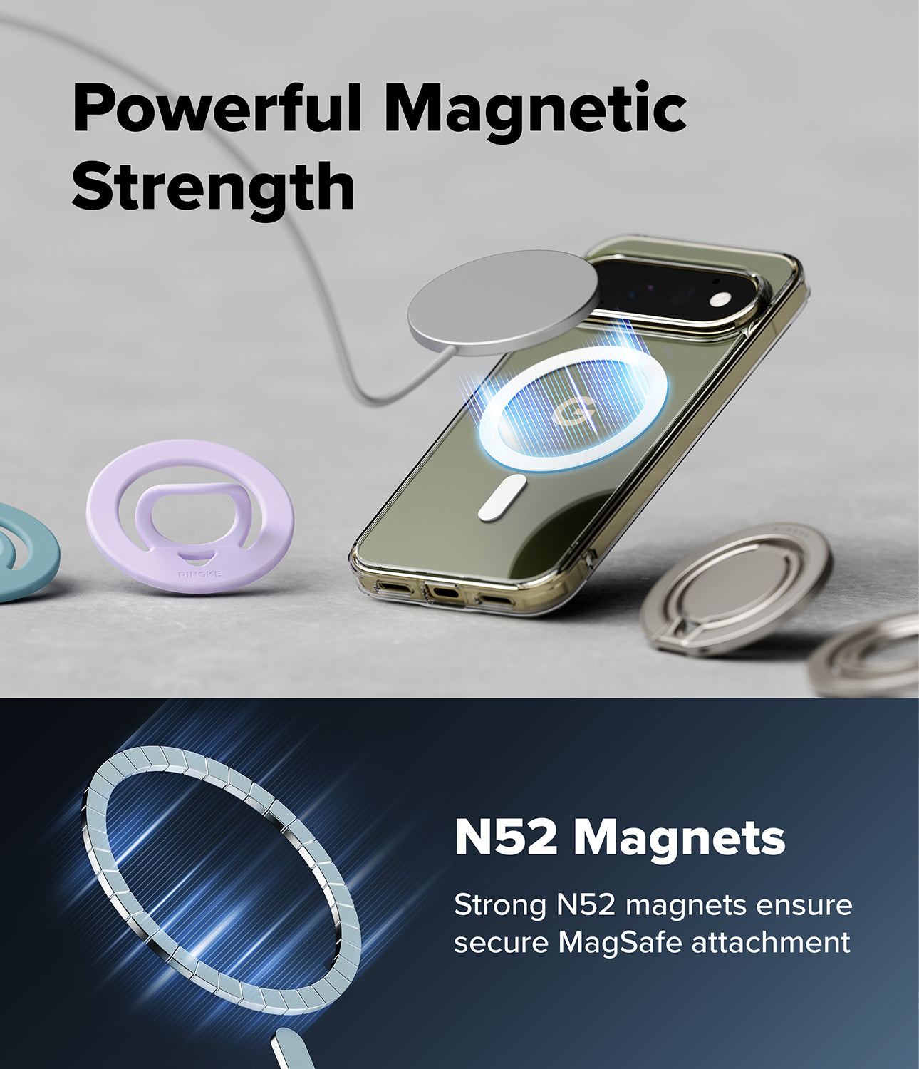 Google Pixel 11 Pro Case | Fusion Magnetic - A smartphone case with built-in magnetic ring accessories, shown on a light gray surface with the phone inserted. The image includes marketing text reading 'Powerful Magnetic Strength' and 'N52 Magnets' with a blue glowing magnetic graphic.