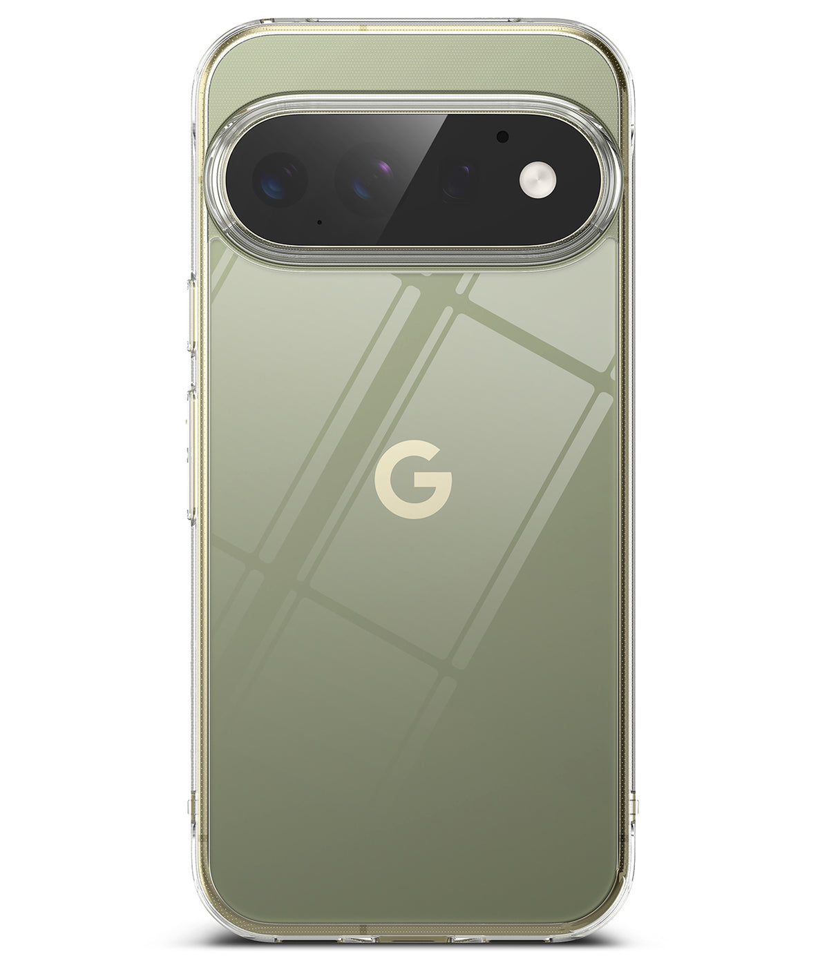 Google Pixel 11 Pro XL Case | Fusion - A clear protective phone case fitted on a Google Pixel smartphone, showing the phone's olive green back panel and a gold Google 'G' logo. The case itself is transparent, visible around the edges and camera cutout.