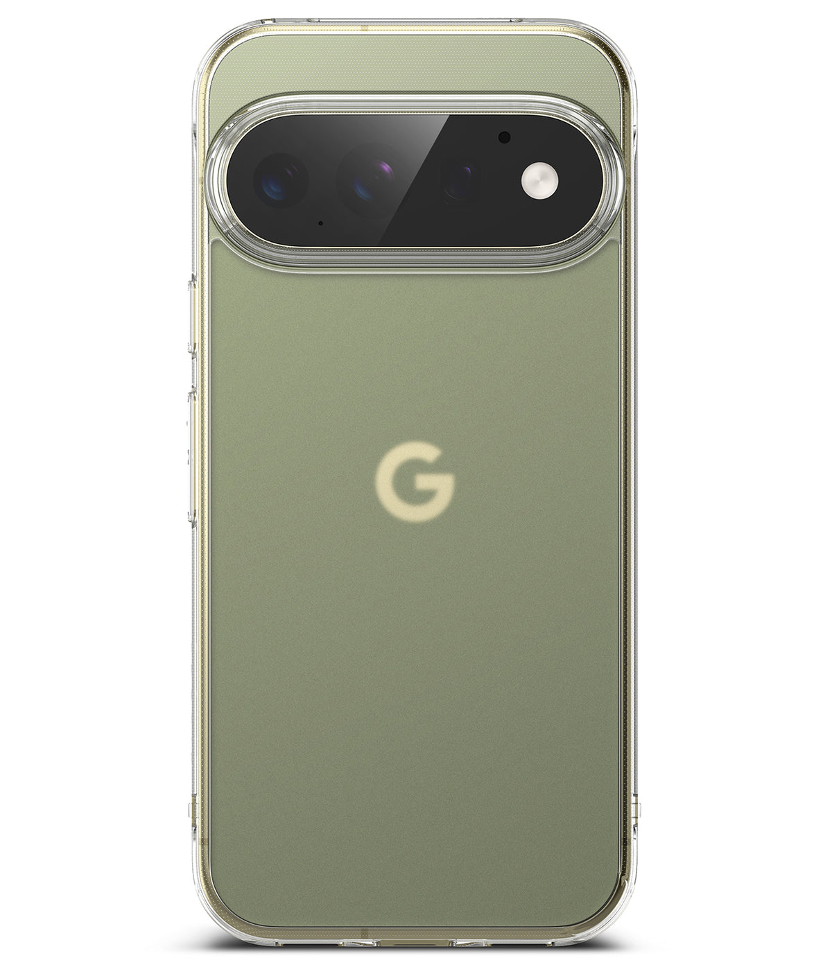Google Pixel 11 Pro Case | Fusion Matte - A clear protective phone case fitted on a Google Pixel smartphone, showing an olive green phone back with a light gold Google 'G' logo and a transparent camera bumper, set against a plain white background.