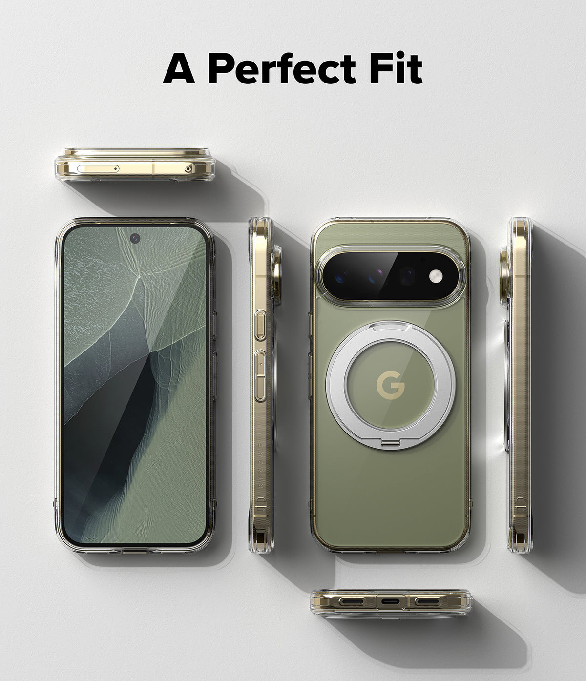 Google Pixel 11 Pro Case | Fusion Ring - A phone case shown from multiple angles on a light gray background, with the text 'A Perfect Fit' at the top. The case is olive green on the back with a silver MagSafe ring, and the phone inside has a cracked screen display.