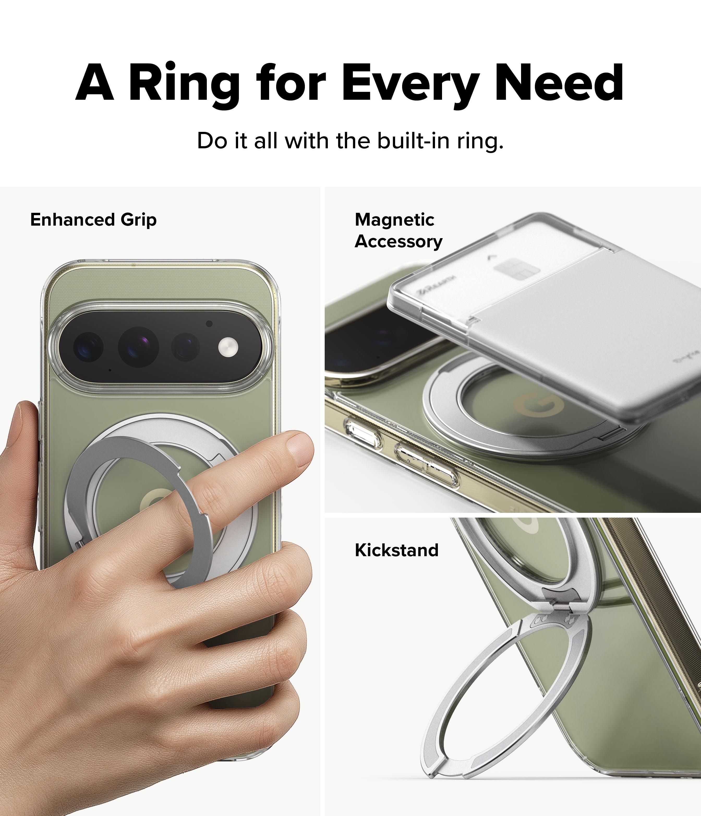Google Pixel 11 Pro Case | Fusion Ring - A phone case with a built-in metallic ring stand, shown in three feature panels: a hand holding the case to demonstrate the enhanced grip, the case opened to show the magnetic accessory, and the kickstand extended. Text at the top reads 'A Ring for Every Need' with supporting feature labels.