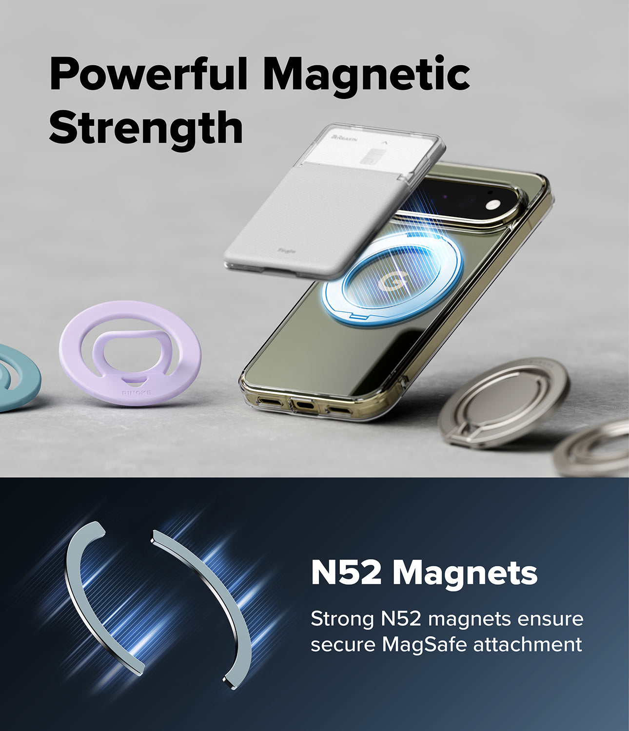 Google Pixel 11 Pro Case | Fusion Ring - A smartphone case set shown on a phone with floating magnetic ring accessories and text reading 'Powerful Magnetic Strength' and 'N52 Magnets Strong N52 magnets ensure secure MagSafe attachment.'.