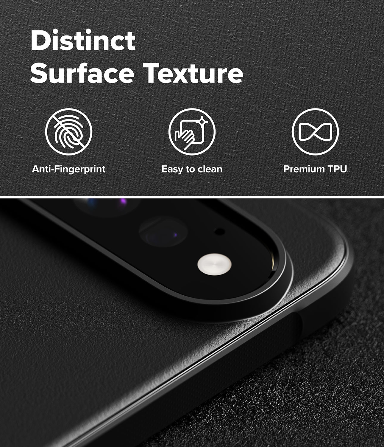 Pixel 11 Pro Case | Onyx - Close-up of a black phone camera lens protector or case with a textured surface, shown with marketing text reading 'Distinct Surface Texture' and icons for anti-fingerprint, easy to clean, and premium TPU.