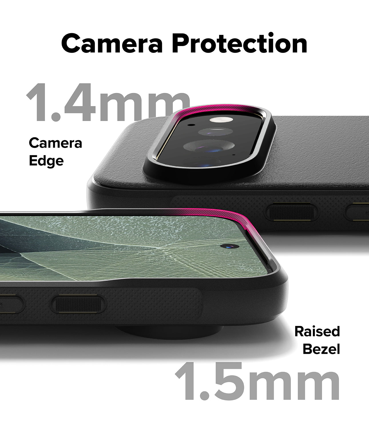 Pixel 11 Pro Case | Onyx - Black camera protection ring for a smartphone, shown installed on the back of a phone case. The graphic includes text overlays reading 'Camera Protection', '1.4mm Camera Edge',