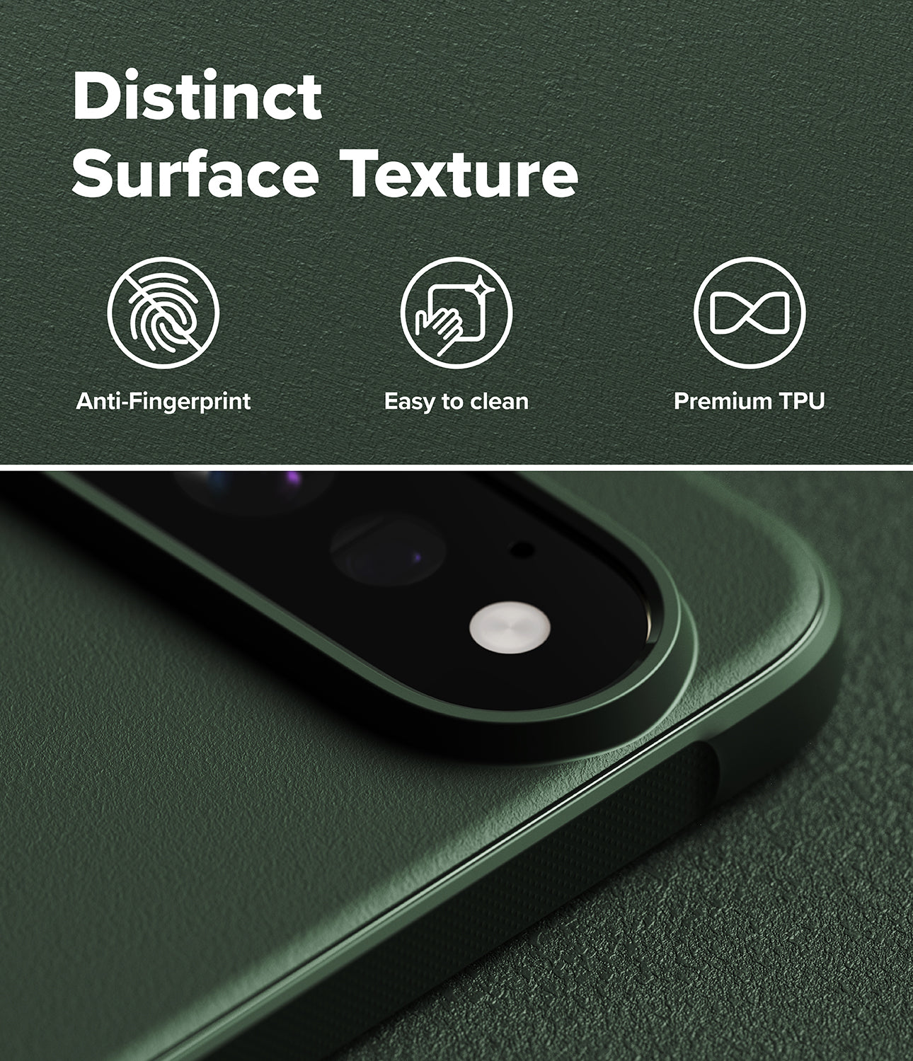 Pixel 11 Pro Case | Onyx - Dark green textured phone case shown close-up with a camera cutout, featuring marketing text at the top: 'Distinct Surface Texture,' 'Anti-Fingerprint,' 'Easy to clean,' and 'Premium TPU.'.