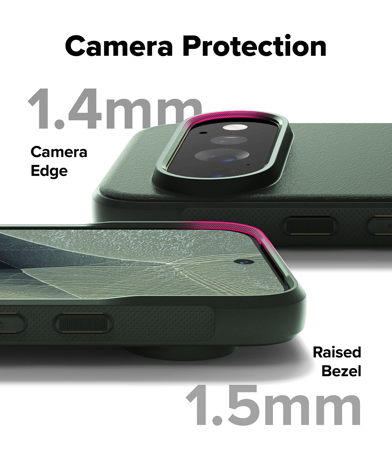 Pixel 11 Pro Case | Onyx - A dark green phone camera protection case shown on a phone, with text overlays highlighting 1.4mm camera edge protection and 1.