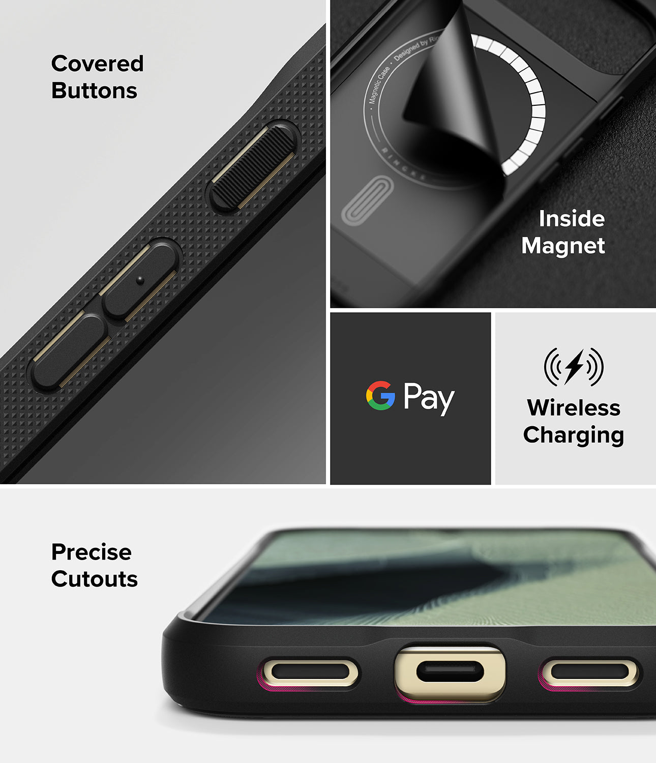 Google Pixel 11 Pro Case | Onyx Magnetic - A black protective smartphone case shown in a multi-panel feature graphic. The panels highlight covered side buttons, an inside magnetic ring detail, Google Pay compatibility, wireless charging support, and precise cutouts for USB-C and charging ports.