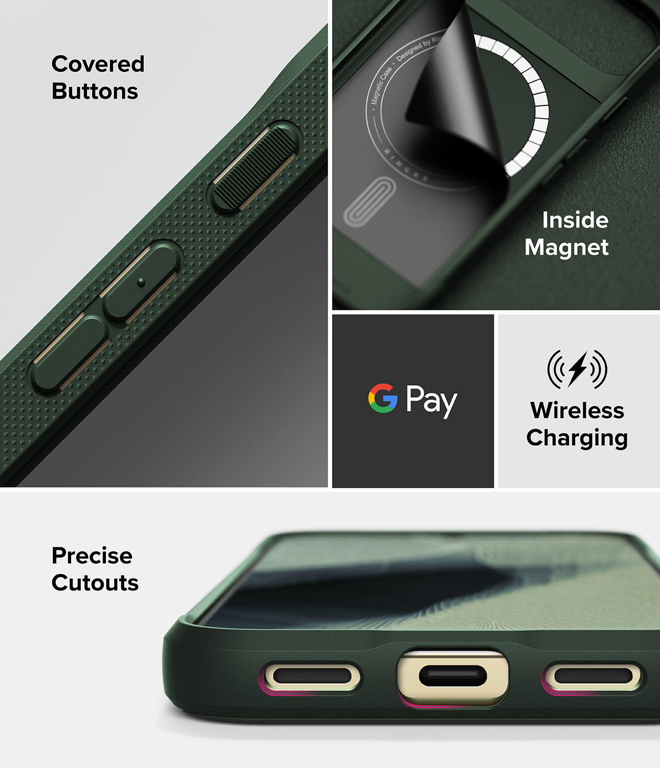 Google Pixel 11 Pro Case | Onyx Magnetic - A dark green phone case shown in a multi-panel feature graphic. The panels highlight a covered button, an inside magnetic ring, wireless charging compatibility with the Google Pay logo, and precise cutouts for a USB-C and Lightning port.