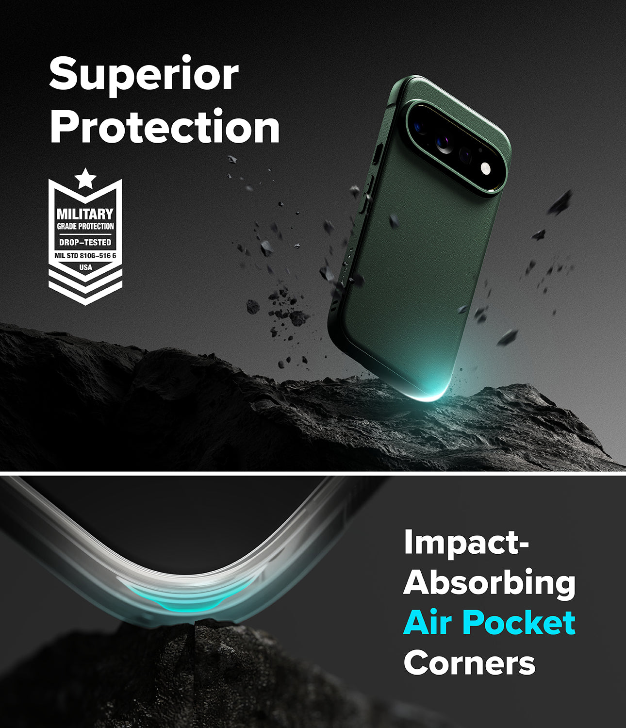 Google Pixel 11 Pro Case | Onyx Magnetic - A dark green smartphone case shown floating above a rocky surface with debris, under the text 'Superior Protection' and a military impact-test badge. The lower section shows the case corner absorbing impact with glowing air pocket technology and the text 'Impact-Absorbing Air Pocket Corners.