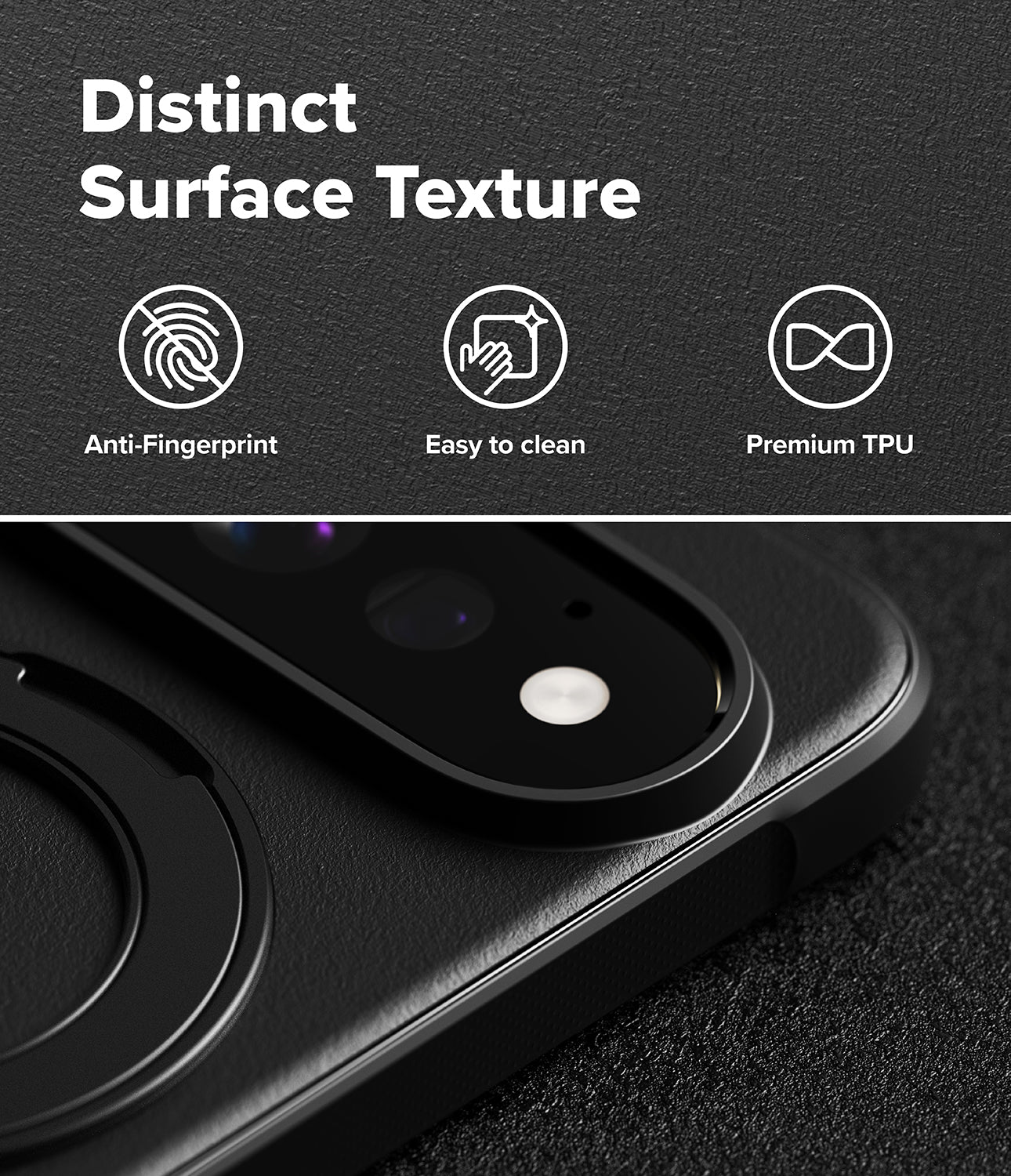 Google Pixel 11 Pro Case | Onyx Ring - Close-up of a black phone case with a circular magnetic ring and camera cutout, shown with marketing text reading 'Distinct Surface Texture,' 'Anti-Fingerprint,' 'Easy to clean,' and 'Premium TPU' on a dark textured background.