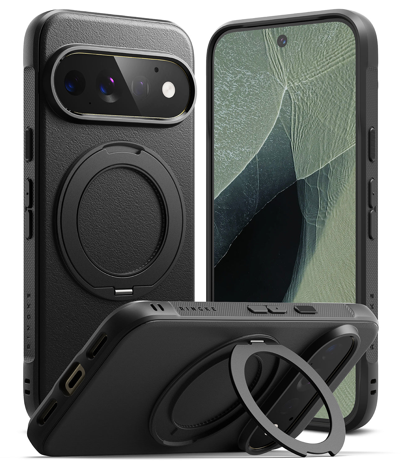 Google Pixel 11 Pro Case | Onyx Ring - Three views of a black rugged smartphone case with a circular MagSafe ring and built-in kickstand, shown on a white background.