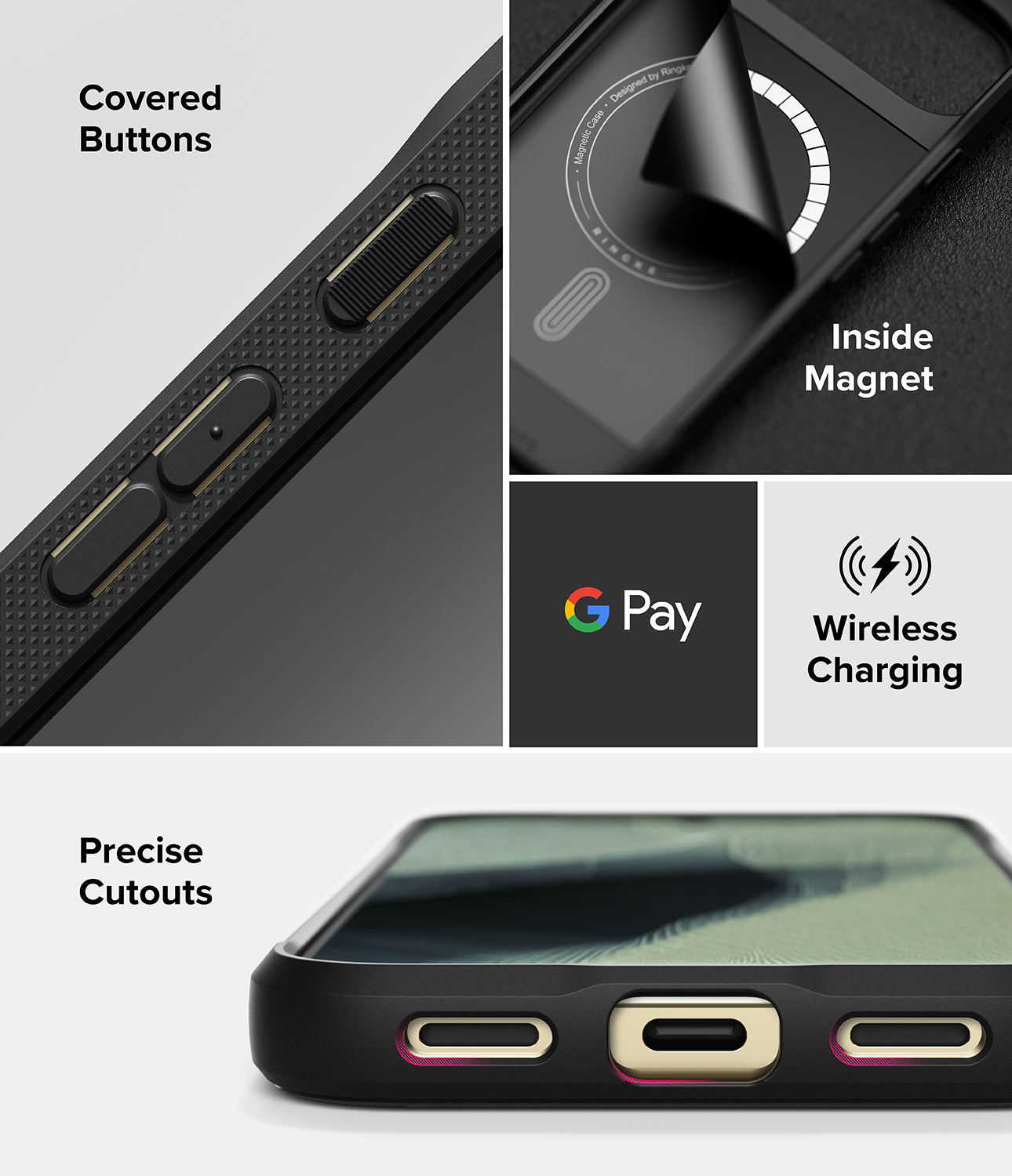 Google Pixel 11 Pro XL Case | Onyx Magnetic - A black protective smartphone case shown in a four-panel feature collage. The panels highlight covered side buttons, an inside magnetic ring, wireless charging compatibility with the Google Pay logo, and precise cutouts for charging ports.