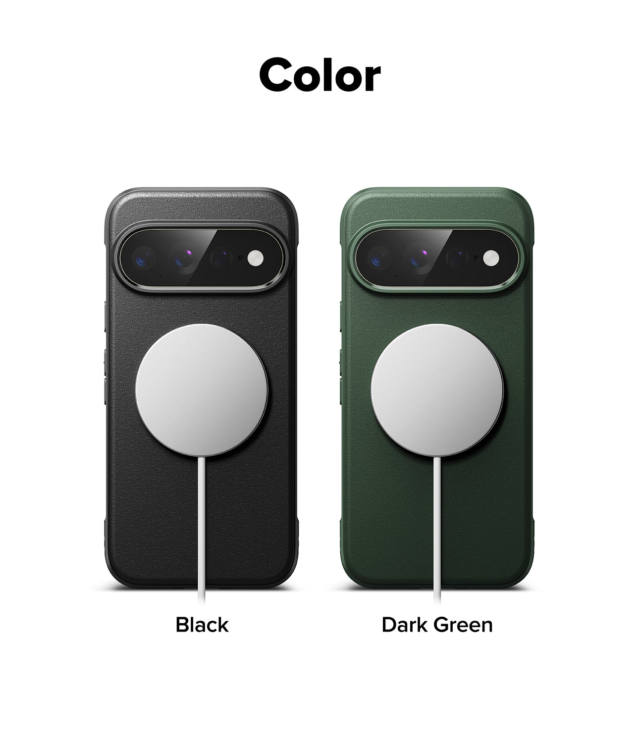 Google Pixel 11 Pro XL Case | Onyx Magnetic - Color options for a MagSafe-compatible phone case, showing two cases side-by-side: one in matte black and one in dark green. Both cases feature a circular MagSafe ring on the back and are labeled 'Color' at the top and 'Black' and 'Dark Green' at the bottom.