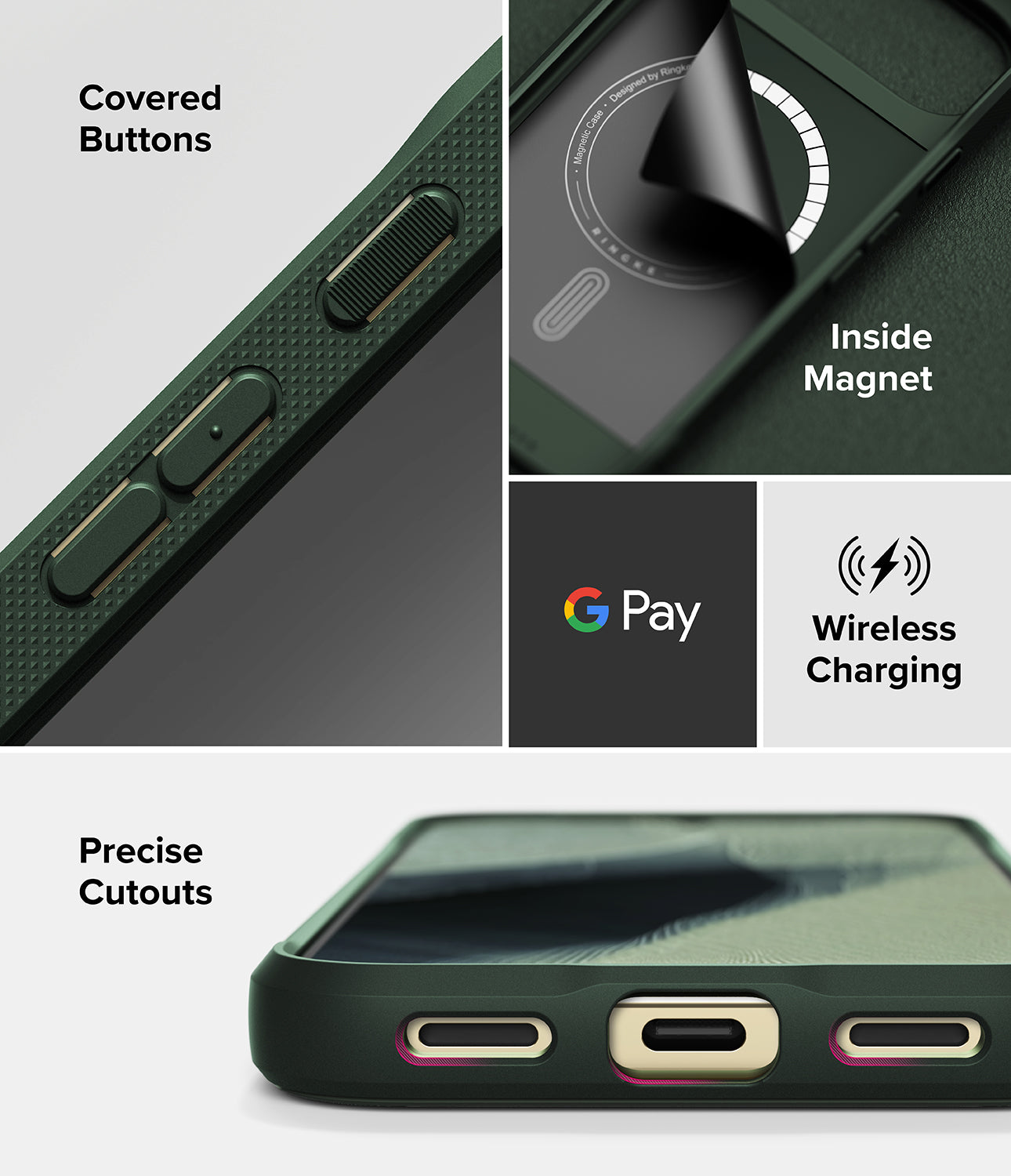 Google Pixel 11 Pro XL Case | Onyx Magnetic - A dark green protective smartphone case shown in a multi-panel feature graphic. The collage includes close-up views of the side buttons being covered, a magnetic interior design with a peeling liner, the Google Pay logo, wireless charging text, and precise cutouts for a phone's charging ports.