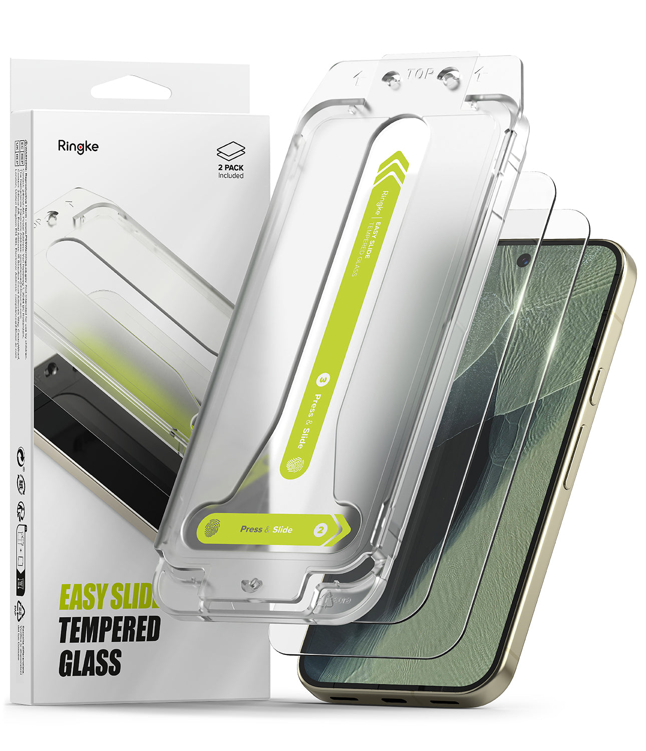 Google Pixel 11 Pro / 11 Screen Protector | Easy Slide Tempered Glass (2 Pack) - Two clear tempered glass screen protectors with bright green alignment strips are shown in front of their white Ringke retail box, with a smartphone partially visible behind them on a white background.