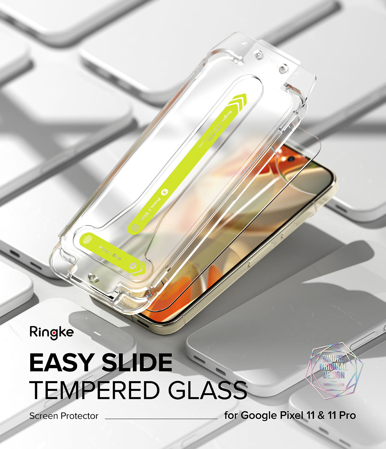 Google Pixel 11 Pro / 11 Screen Protector | Easy Slide Tempered Glass (2 Pack) - Ringke Easy Slide Tempered Glass screen protector shown over a smartphone case on a white keyboard background, with text indicating compatibility with Google Pixel 11 Pro XL.
