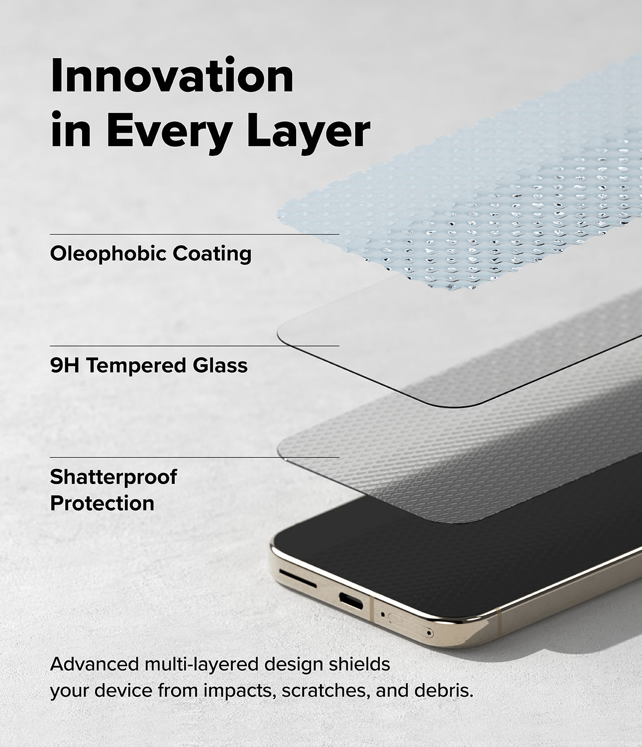 Google Pixel 11 Pro / 11 Screen Protector | Easy Slide Tempered Glass (2 Pack) - Promotional graphic for a smartphone screen protector showing three layered protective materials above a phone: oleophobic coating, 9H tempered glass, and shatterproof protection, with the text 'Innovation in Every Layer' and 'Advanced multi-layered design shields your device from impacts, scratches, and debris.'.