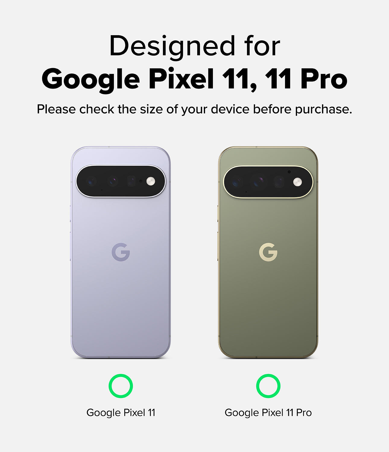Google Pixel 11 Pro / 11 Screen Protector | Easy Slide Tempered Glass (2 Pack) - A compatibility graphic showing two smartphone back views labeled Google Pixel 11 and Google Pixel 11 Pro, with text above stating the product is designed for Google Pixel 11, 11 Pro and a note to check device size before purchase.