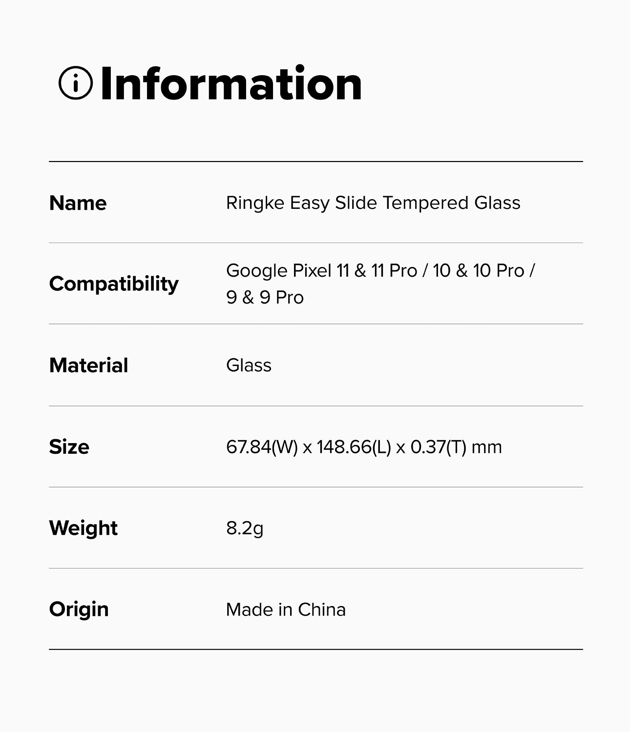 Google Pixel 11 Pro / 11 Screen Protector | Easy Slide Tempered Glass (2 Pack) - A white information card with black text detailing the specifications of a Ringke Easy Slide Tempered Glass screen protector, including compatibility with Google Pixel 11 & Pro, material, size, weight, and origin.