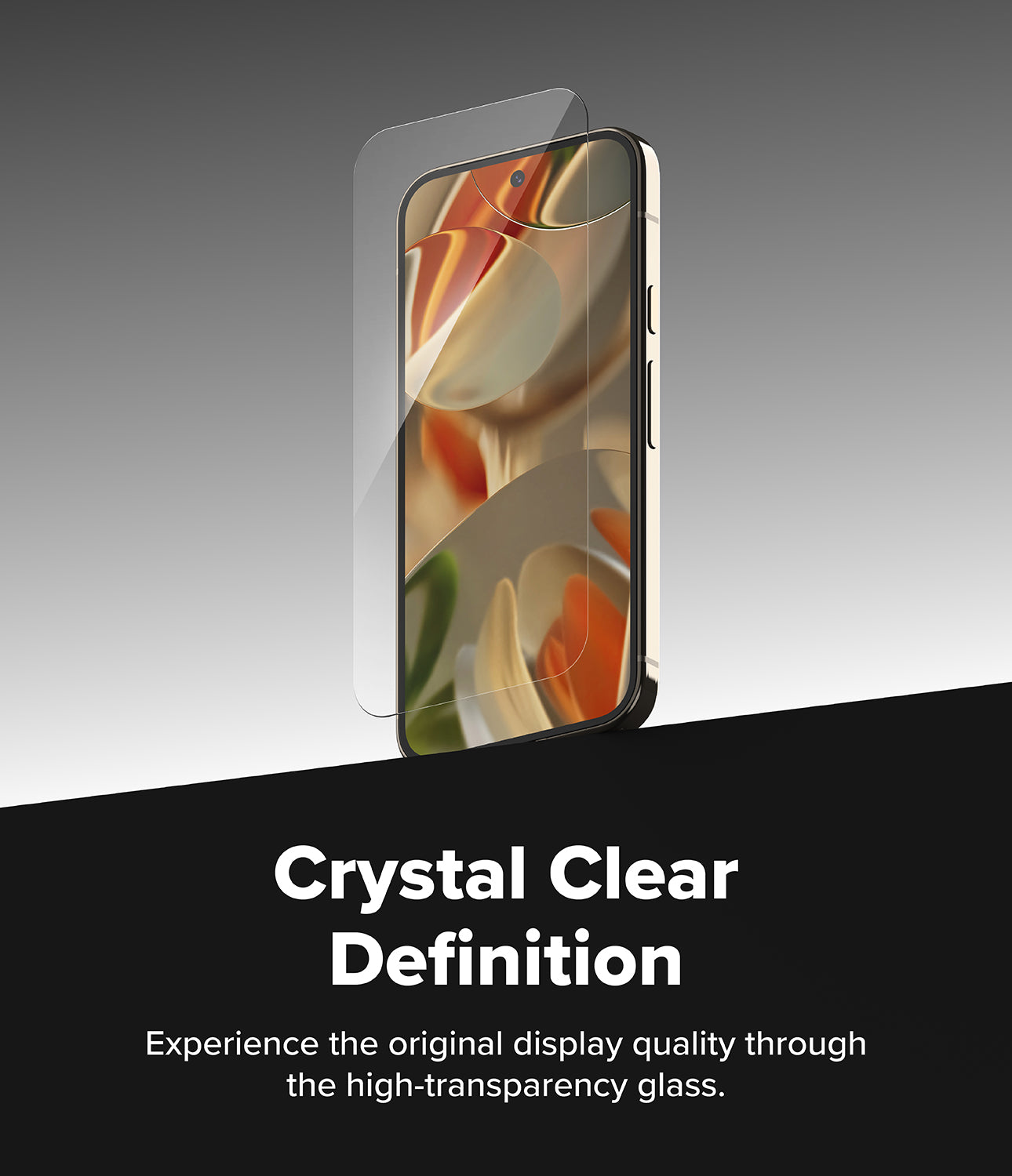 Google Pixel 11 Pro / 11 Screen Protector | Easy Slide Tempered Glass (2 Pack) - A transparent phone screen protector floating above a smartphone on a gray gradient background, with bold text at the bottom reading 'Crystal Clear Definition' and smaller descriptive copy about high-transparency glass.