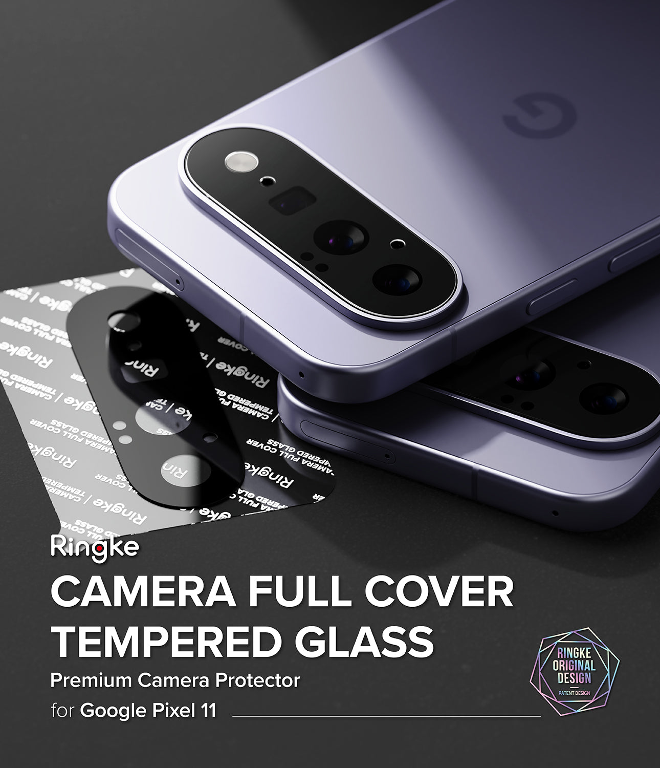 Google Pixel 11 Camera Protector | Camera Full Cover Tempered Glass (2 Pack) - Ringke camera full cover tempered glass protector shown applied to the camera module of a purple Google Pixel 11 smartphone, with the phone resting on a dark surface and a separate sheet of the protector visible beside it.