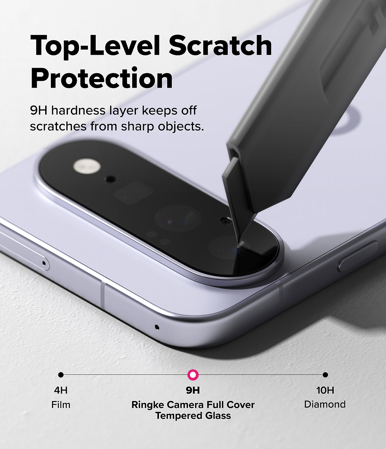 Google Pixel 11 Camera Protector | Camera Full Cover Tempered Glass (2 Pack) - Close-up of a smartphone camera lens area with a dark scratch-protection cover applied, under the headline 'Top-Level Scratch Protection' and a small hardness comparison scale at the bottom.