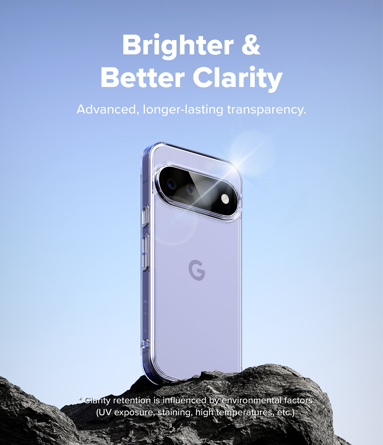 Google Pixel 11 Case | Fusion - A clear protective phone case shown on a light purple smartphone, standing on dark rocks against a pale blue gradient background. White text at the top reads 'Brighter & Better Clarity' with smaller supporting copy, and small disclaimer text appears near the bottom.