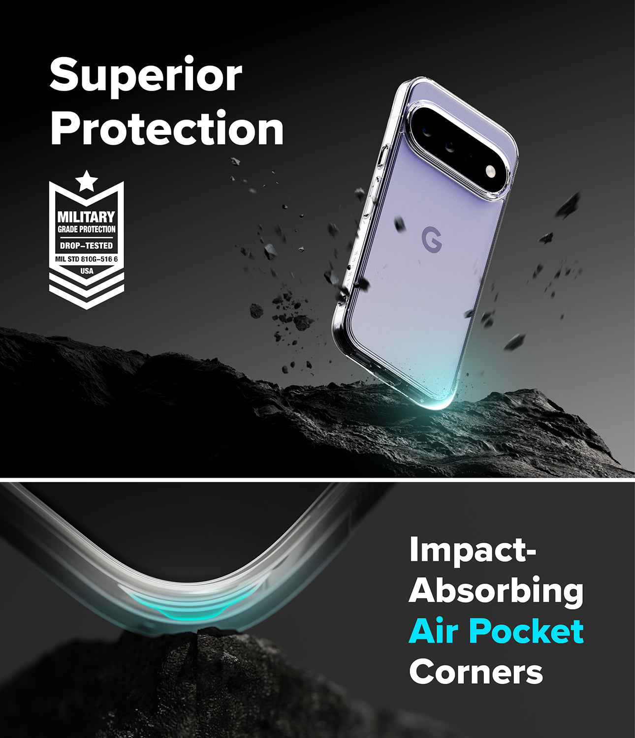 Google Pixel 11 Case | Fusion - A clear protective phone case shown on a smartphone, with marketing text reading 'Superior Protection' and 'Impact-Absorbing Air Pocket Corners.' The case appears transparent with a subtle blue glow at the edges, and the phone is floating above dark rocky terrain in a dramatic studio-style graphic.