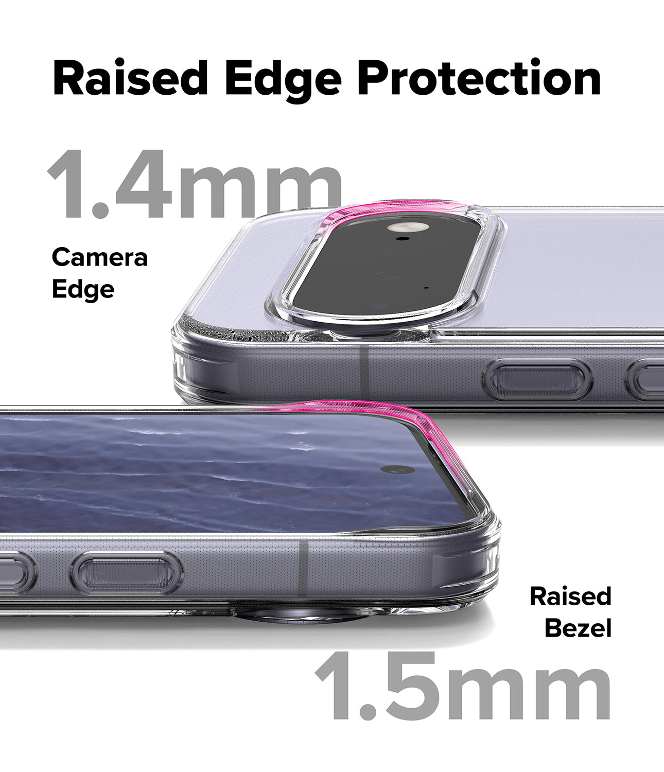 Google Pixel 11 Case | Fusion - Promotional graphic for a phone case showing raised edge protection with text labels 'Raised Edge Protection', '1.4mm Camera Edge', 'Raised Bezel', and '1.