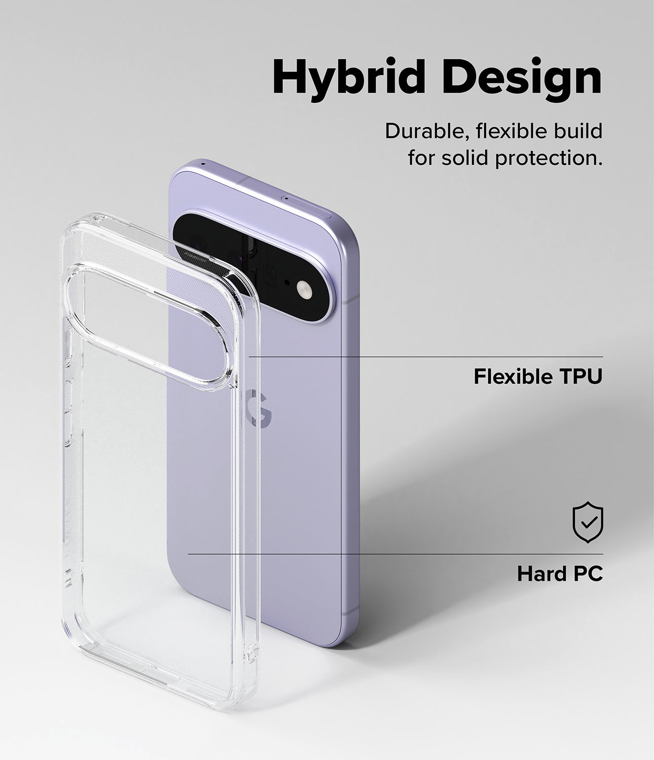 Google Pixel 11 Case | Fusion - A clear hybrid phone case shown beside a lavender smartphone on a light gray background, with text reading 'Hybrid Design,' 'Flexible TPU,' and 'Hard PC' to explain the protective materials.
