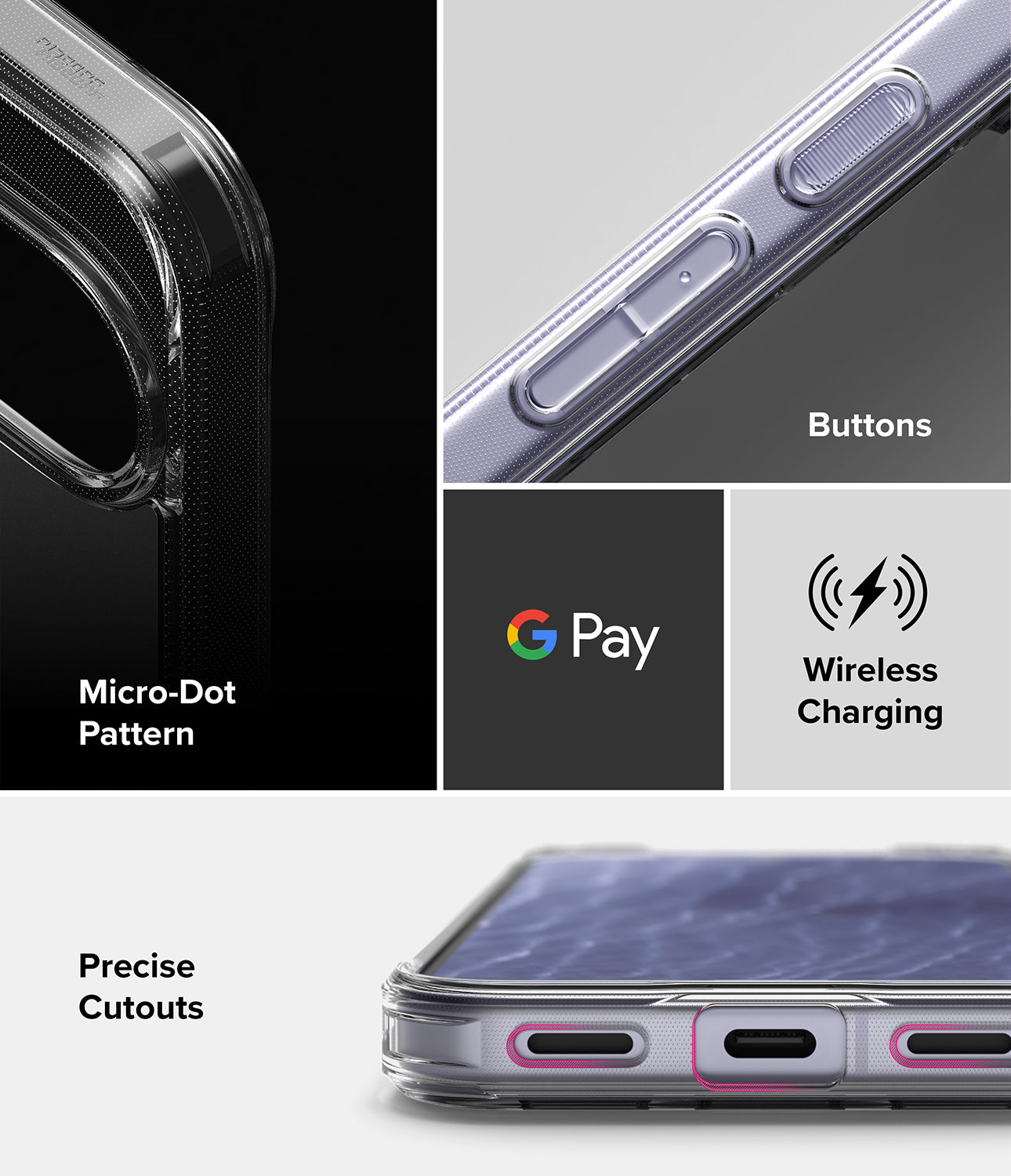 Google Pixel 11 Case | Fusion Matte - A clear protective phone case shown in a multi-panel feature graphic. The collage highlights the case's transparent bumper, precise cutouts, and compatibility with Google Pay and wireless charging, with close-up views of the side buttons and bottom charging ports.
