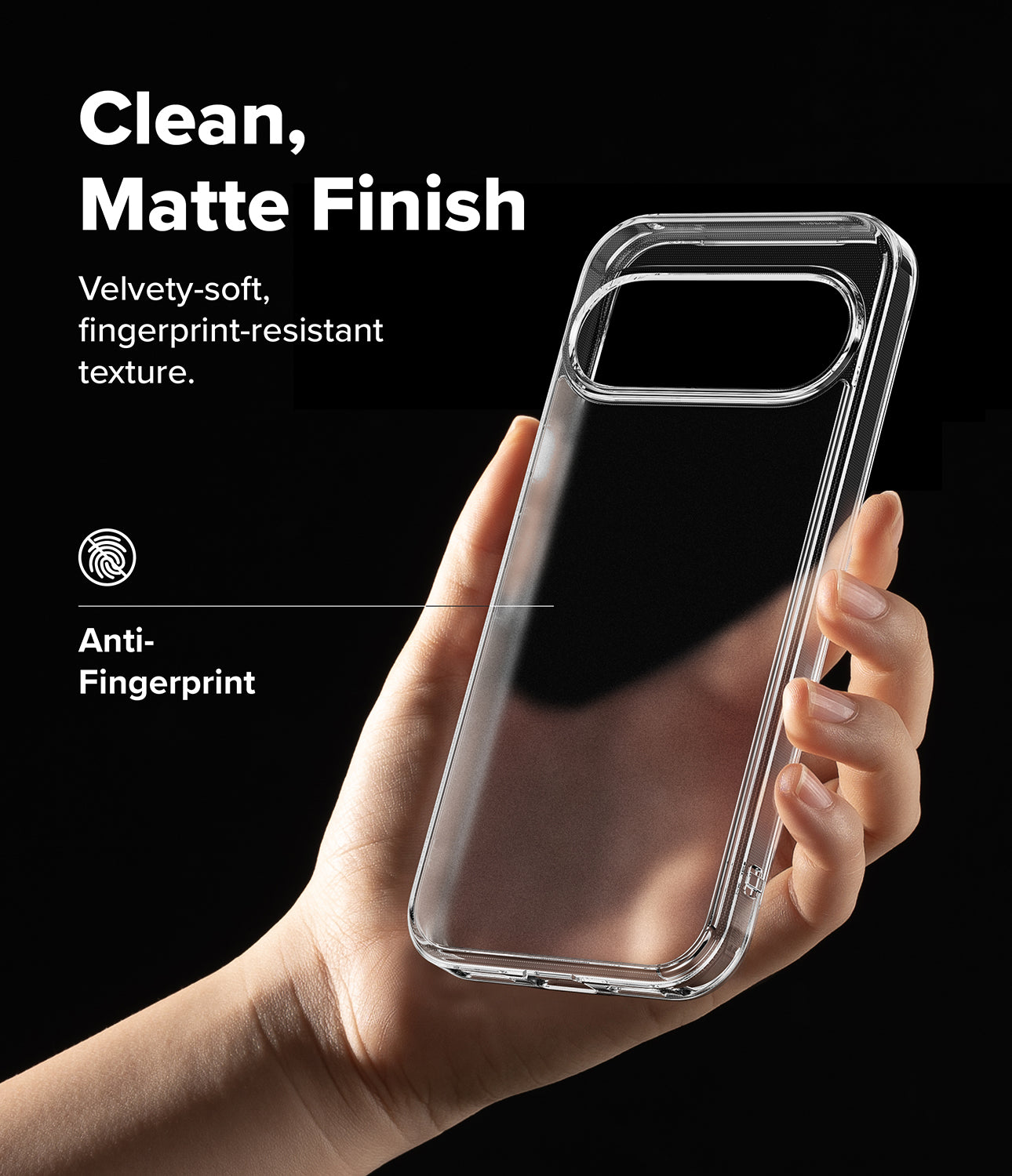 Google Pixel 11 Case | Fusion Matte - A hand holding a clear, matte phone case against a black background, with text highlighting its clean, fingerprint-resistant finish.