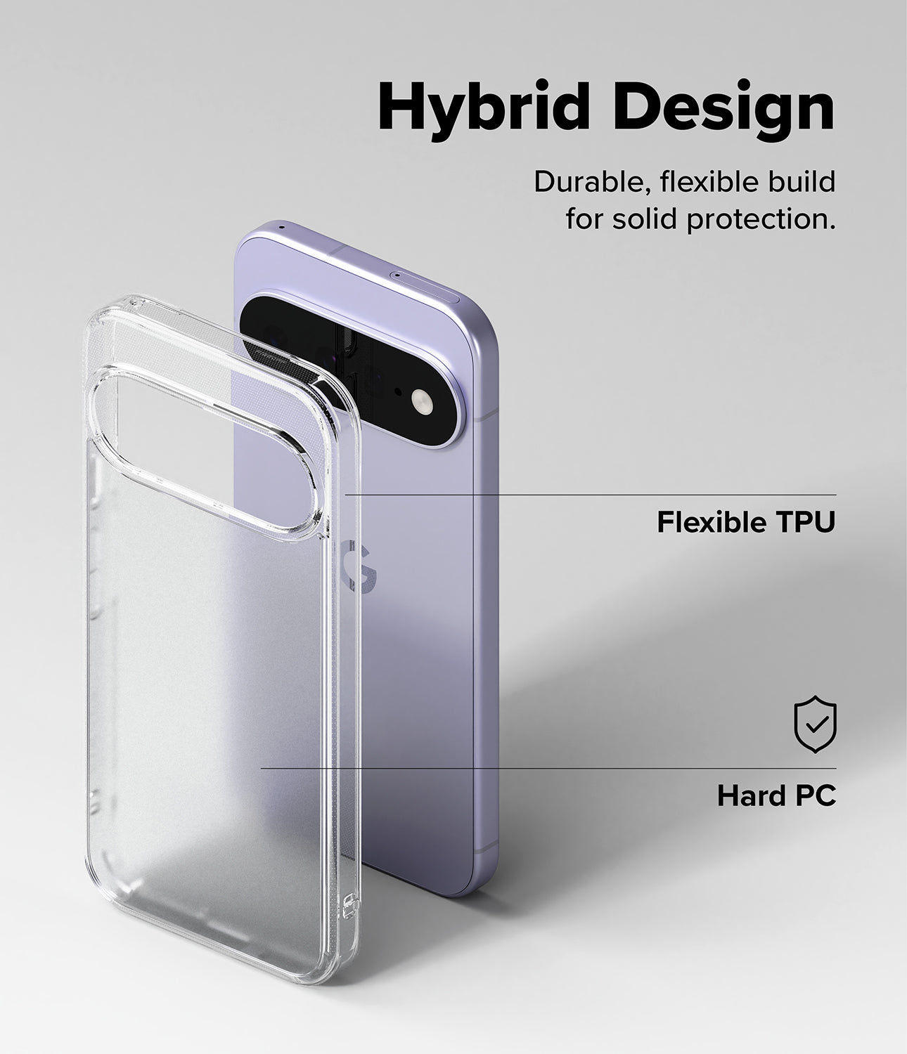 Google Pixel 11 Case | Fusion Matte - A clear hybrid phone case shown over a lavender smartphone on a light gray background, with text reading 'Hybrid Design,' 'Flexible TPU,' and 'Hard PC' to explain the protective construction.