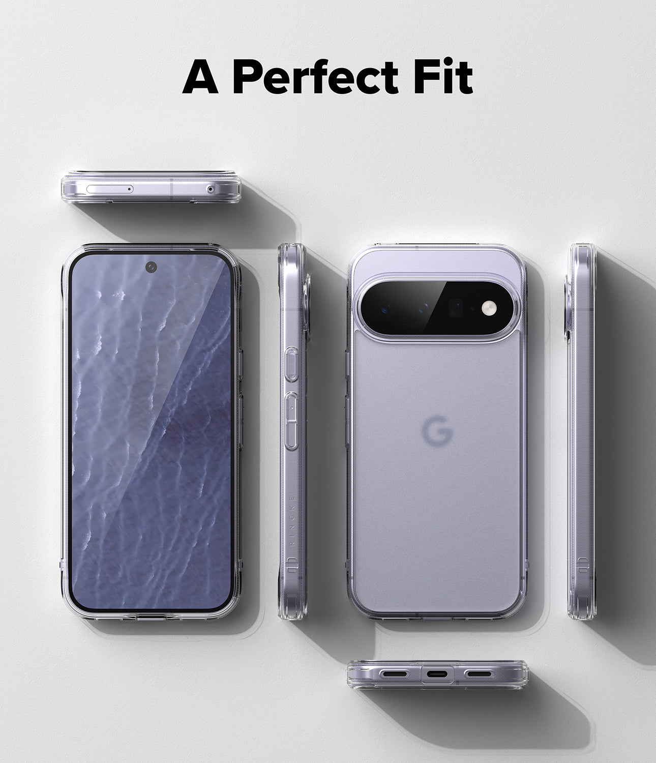 Google Pixel 11 Case | Fusion Matte - A clear smartphone case shown from multiple angles on a light gray background, with the text 'A Perfect Fit' at the top. The phone inside appears light lavender, but the sold product is the transparent case.