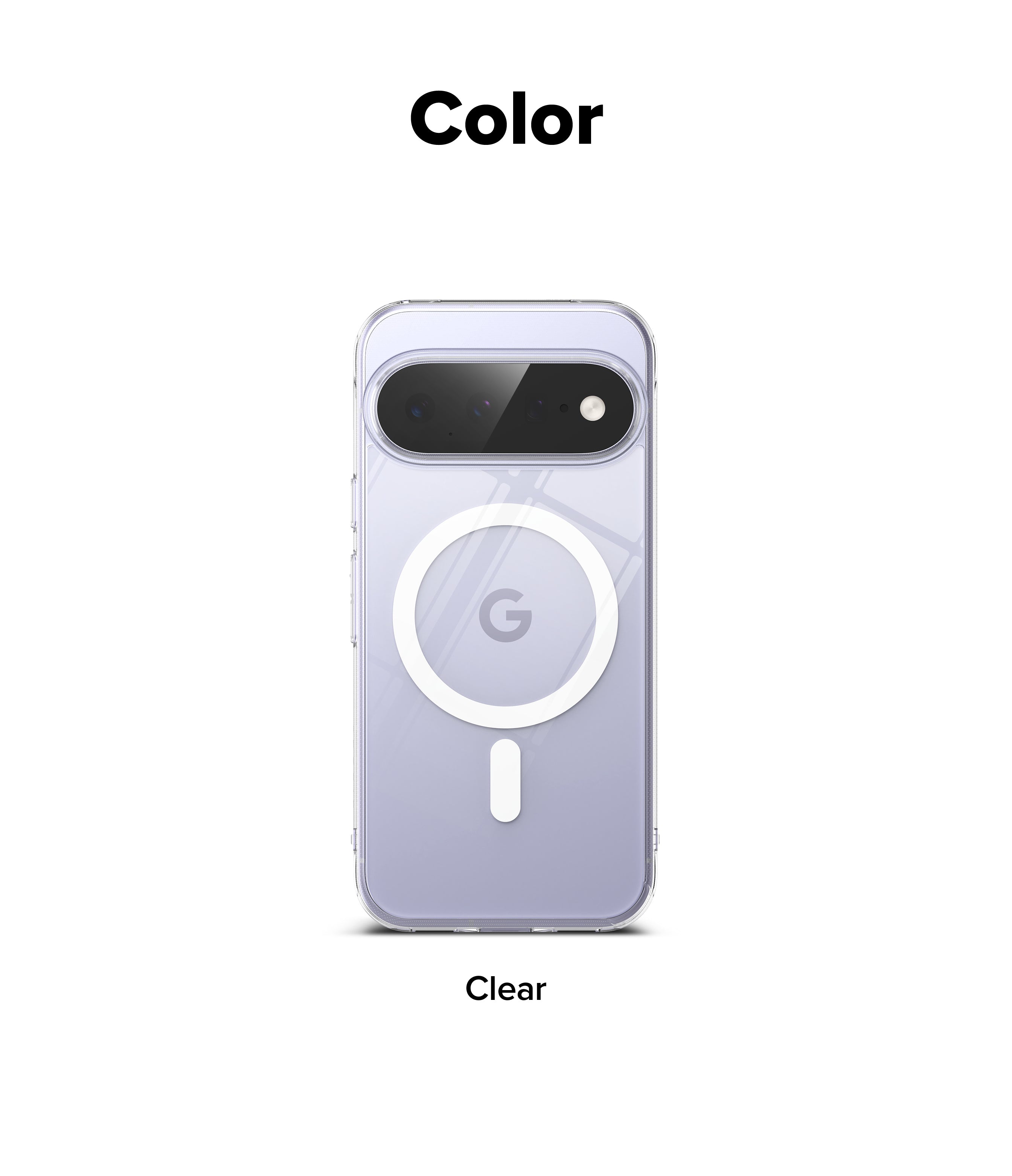 Google Pixel 11 Case | Fusion Magnetic - A clear phone case shown on a light lavender phone, with the word 'Color' at the top and 'Clear' at the bottom, indicating a transparent case option.