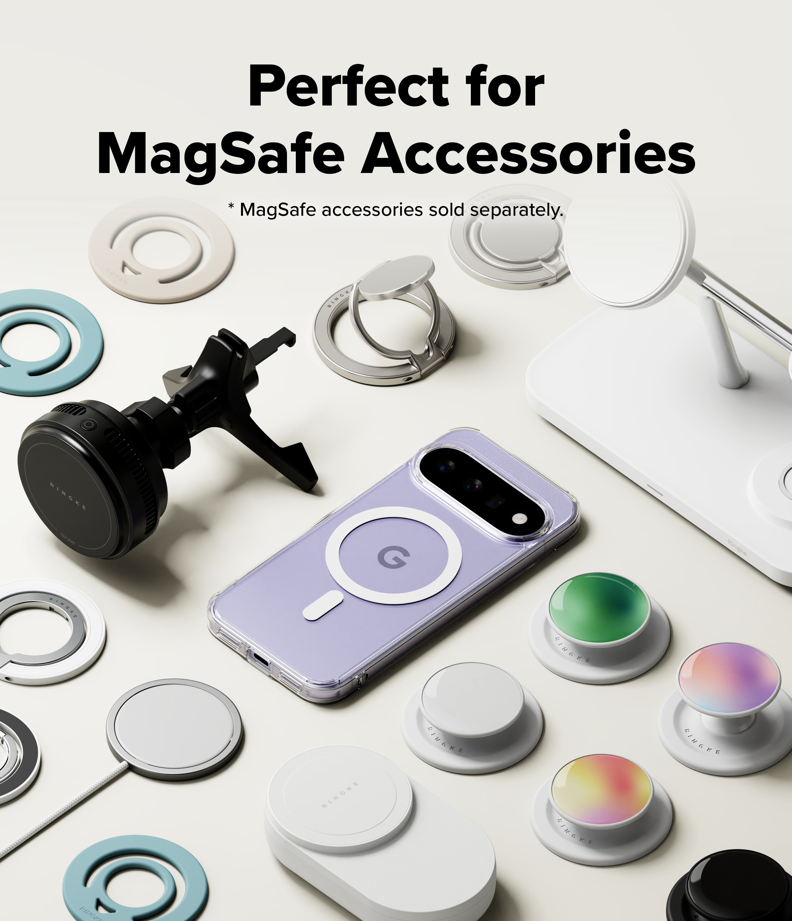 Google Pixel 11 Case | Fusion Magnetic - A promotional layout showing a lavender smartphone with a MagSafe-style ring on the back, surrounded by various MagSafe accessories including white rings, a black air vent mount, a white stand, and small circular holders in assorted colors. Text at the top reads, 'Perfect for MagSafe Accessories' with smaller text noting MagSafe accessories are sold separately.
