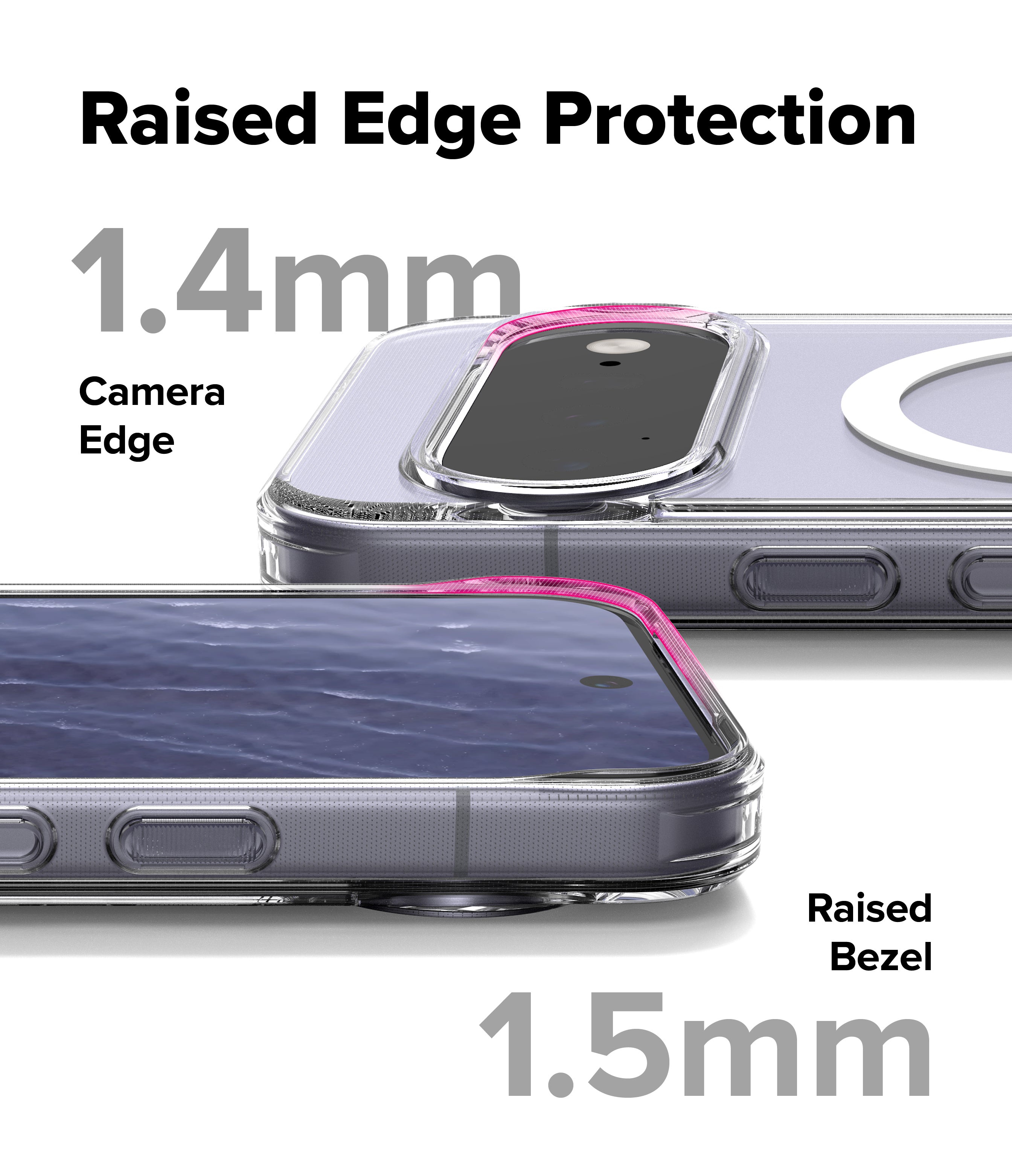 Google Pixel 11 Case | Fusion Magnetic - A promotional graphic showing a clear phone case with raised edges, labeled 'Raised Edge Protection' and '1.4mm Camera Edge' and '1.