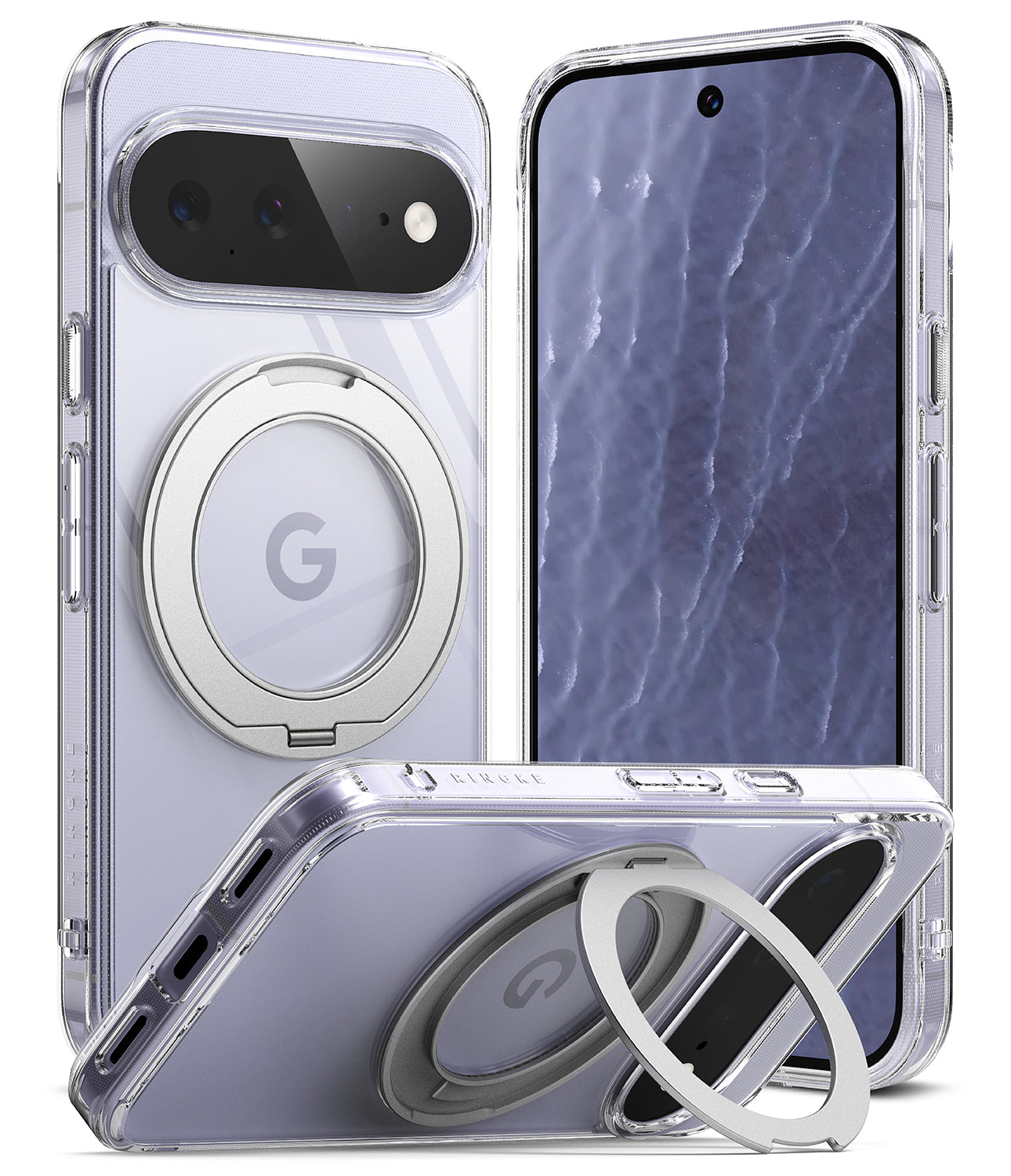 Google Pixel 11 Case | Fusion Ring - A clear protective phone case with a built-in circular MagSafe-compatible ring and kickstand, shown on a silver smartphone from front, back, and side angles against a white background.