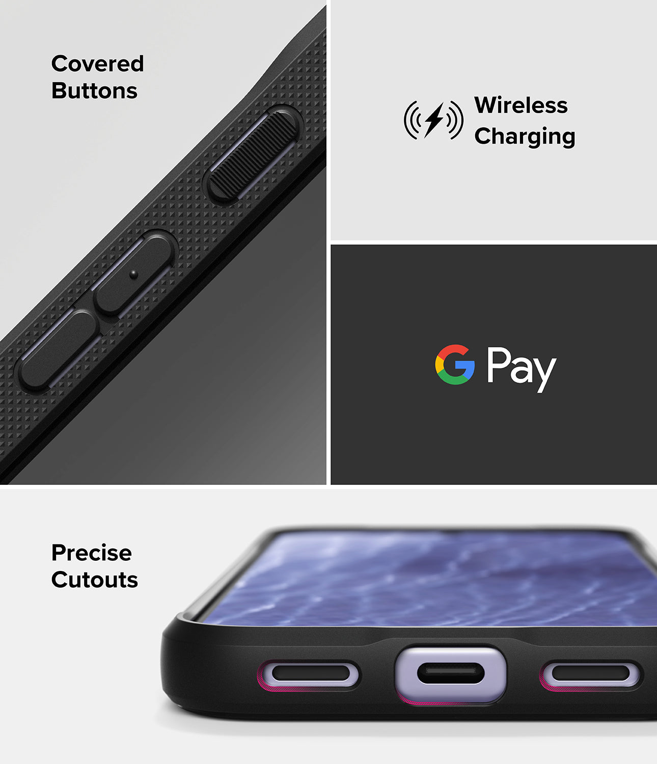 Google Pixel 11 Case | Onyx - A black protective smartphone case shown in a multi-panel feature graphic. The top-left panel shows a close-up of covered buttons with text reading 'Covered Buttons.