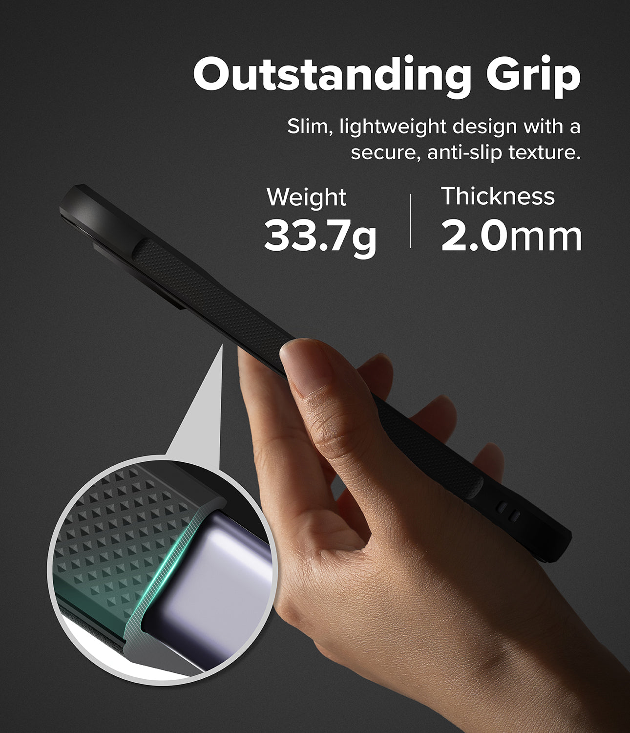 Google Pixel 11 Case | Onyx - A hand holding a slim black phone case against a dark gray background, with text highlighting its outstanding grip, lightweight design, and dimensions. A circular inset shows a close-up of the textured grip detail.