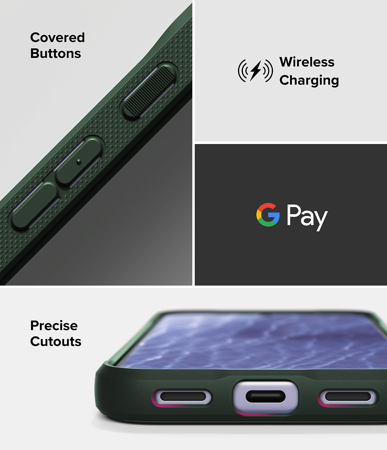 Google Pixel 11 Case | Onyx - A black protective smartphone case shown in a multi-panel feature graphic. The top-left panel shows a close-up of covered buttons with text reading 'Covered Buttons.