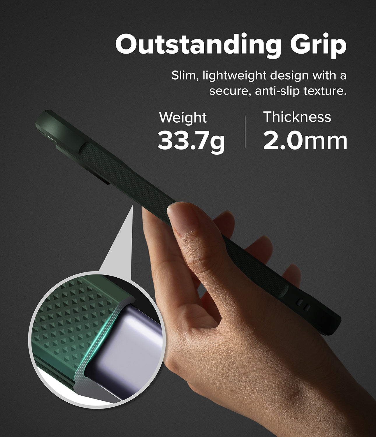 Google Pixel 11 Case | Onyx - A hand holds a dark green phone case against a dark gray background, with text highlighting its outstanding grip, slim lightweight design, and specifications: 33.7g weight and 2.0mm